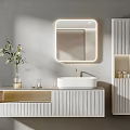 Modern Bathroom Combination With Backlit Mirror White Basin And Striped Cabinet
