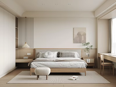 Minimalist Modern Bedroom Interior With Wooden Bed Nightstand Lamp And Area Rug 3d model