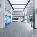 Modern Spacious Public Office Space With Marble Floor Glass Doors Green Plants And Large Screen