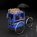 Blue Tricycle Functional Cart with Display Shelf Drinks Bottles and Black Umbrella