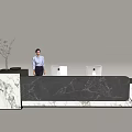 Modern Reception Desk With Marble Counter Laptop Computers And Receptionist At Front Office