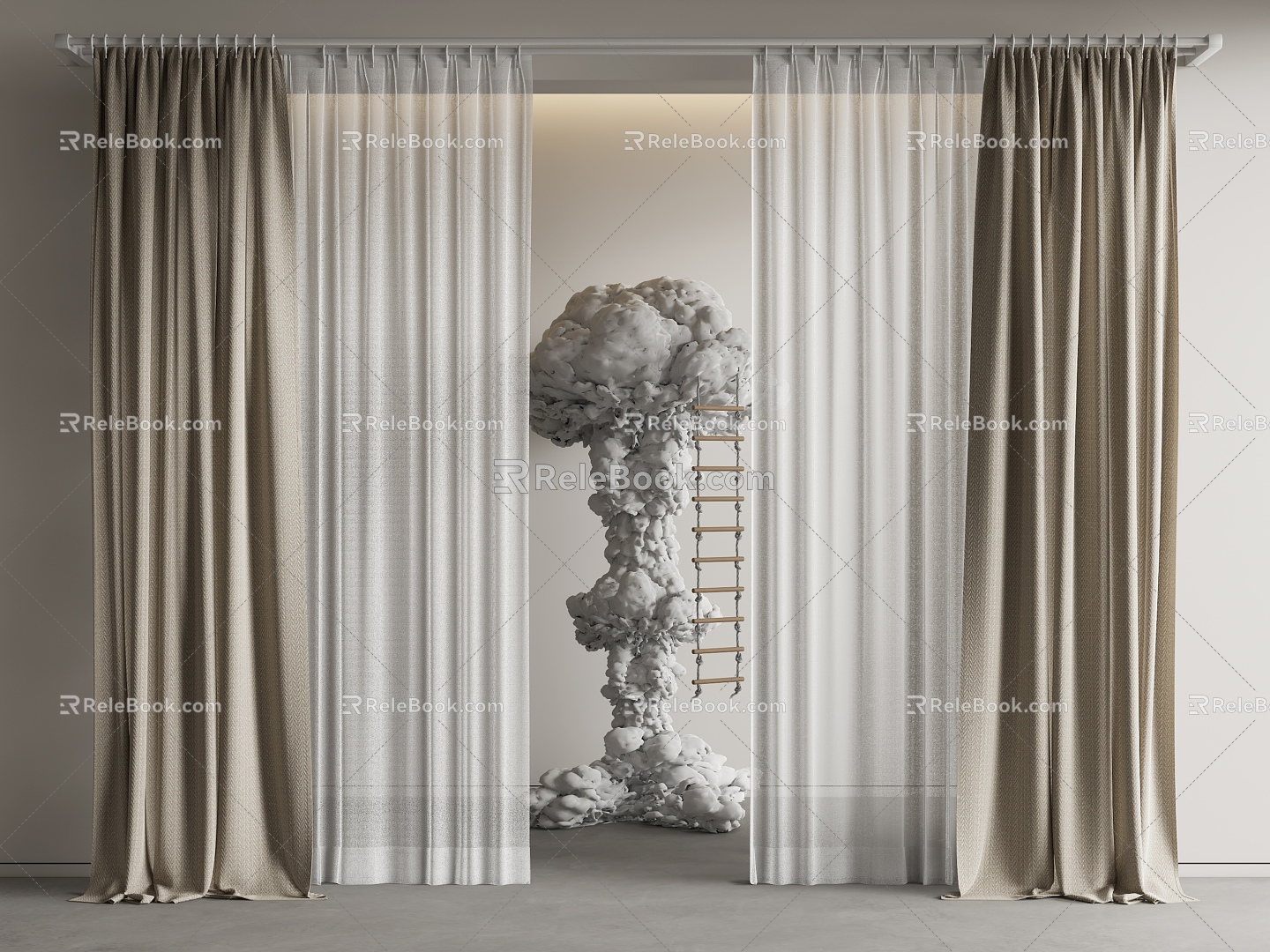 Cream Wind Curtain Gauze Curtain Vertical Curtain Roman Rod 3d model