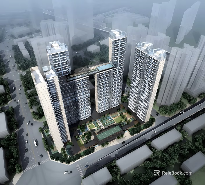 Modern High Rise Residential Complex With Green Courtyard And Urban Surroundings 3d model 