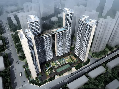 Modern High Rise Residential Complex With Green Courtyard And Urban Surroundings 3d model