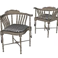 Vintage Wooden Leisure Chairs With Curved Backrest Armrests And Checkered Cushion