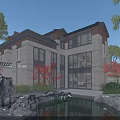 Detached Villa With Stone Walls Large Windows And Pond Surrounded By Trees
