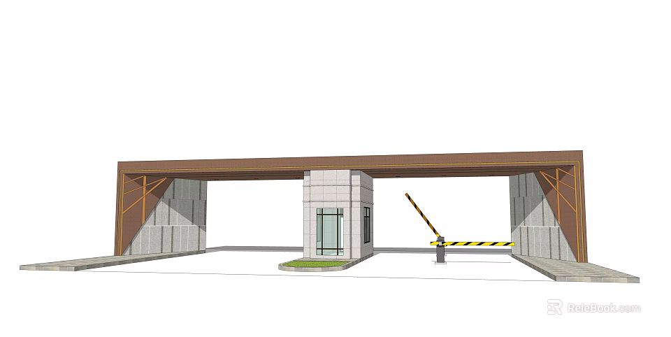 Modern Entrance Gate Design With Stone Pillars Wooden Canopy And Access Control Barrier 3d model 