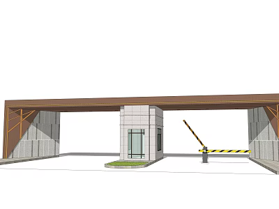 Modern Entrance Gate Design With Stone Pillars Wooden Canopy And Access Control Barrier 3d model
