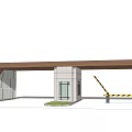 Modern Entrance Gate Design With Stone Pillars Wooden Canopy And Access Control Barrier