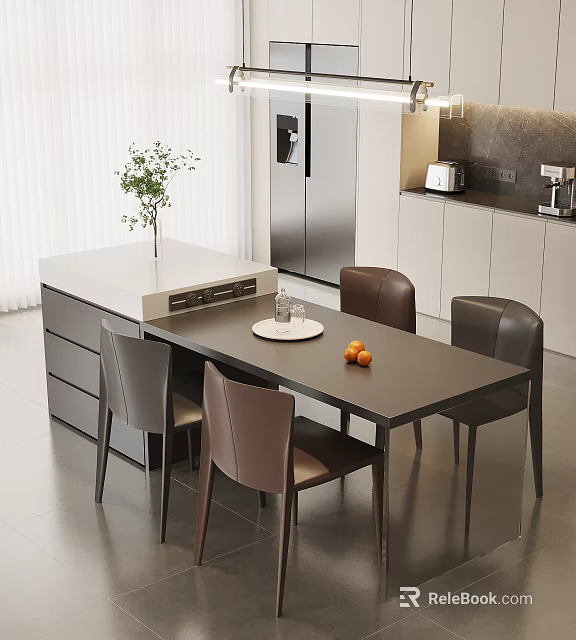 Modern Kitchen Interior Design With Island Counter Dining Table Chairs And Green Plant 3d model 