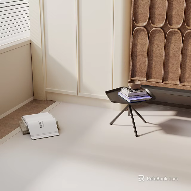 Stylish Console Table With Black Tripod Base Stacked Books Coffee Cup Beige Walls White Cabinets 3d model 