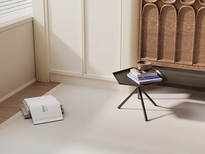 Stylish Console Table With Black Tripod Base Stacked Books Coffee Cup Beige Walls White Cabinets 3d model