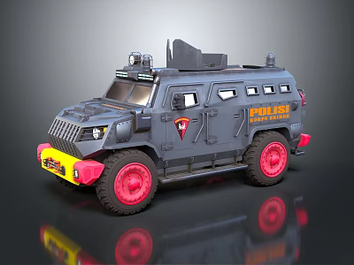 Gray Police Armored Vehicle With Red Wheels Yellow Front And Badge 3d model