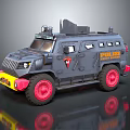 Gray Police Armored Vehicle With Red Wheels Yellow Front And Badge