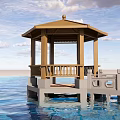 Scenic Wooden Pavilion on Water with Stone Base and Cloudy Sky View