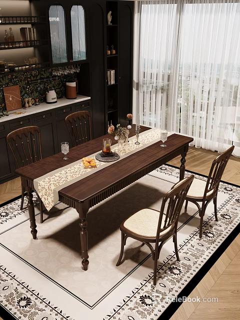 Wooden Dining Table With Chairs Table Runner Vase Fruits And Wine Glasses 3d model 