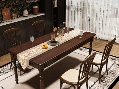 Wooden Dining Table With Chairs Table Runner Vase Fruits And Wine Glasses 3d model