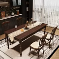 Wooden Dining Table With Chairs Table Runner Vase Fruits And Wine Glasses