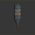 Tall Cylindrical Blue And White Water Tower With Rusted Metal Structure