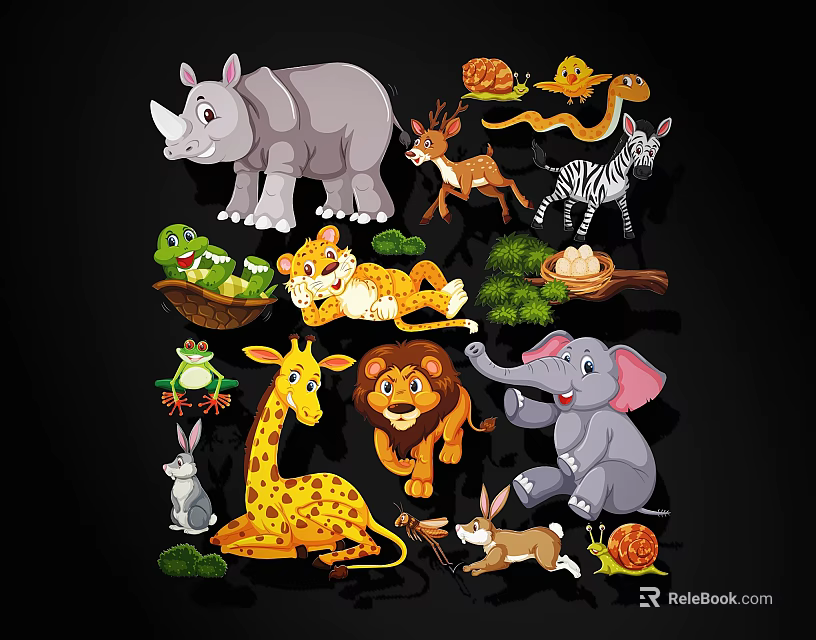 Plush Animal Toys Collection Featuring Rhino Deer Zebra Lion Elephant Giraffe And Plant Decor 3d model 