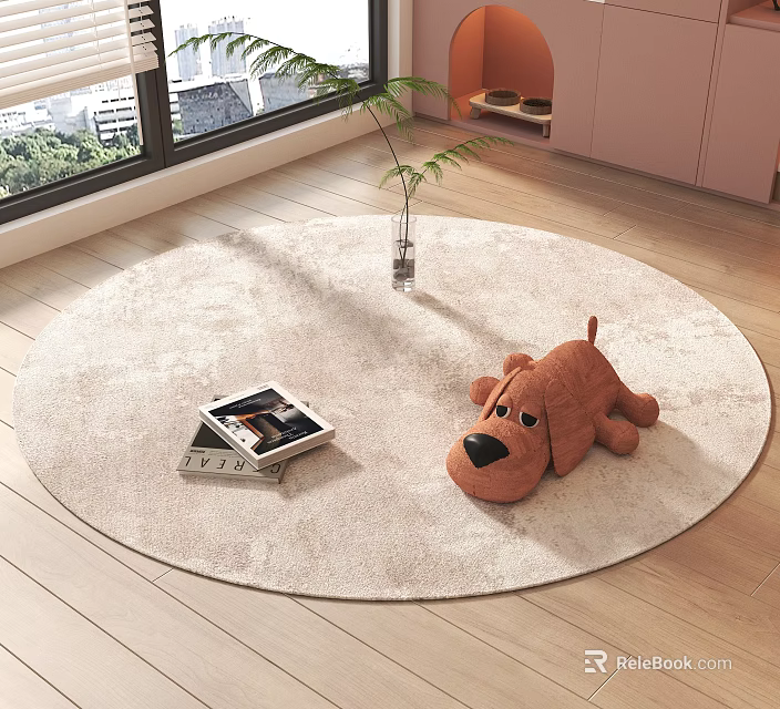 Soft Light Colored Round Rug In Living Room With Plush Dog Magazine And Vase 3d model 