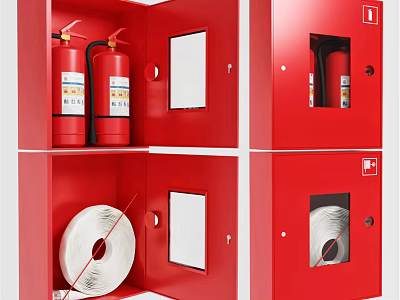 Red Fire Equipment Cabinet With Fire Extinguishers And Fire Hose Reels Inside 3d model