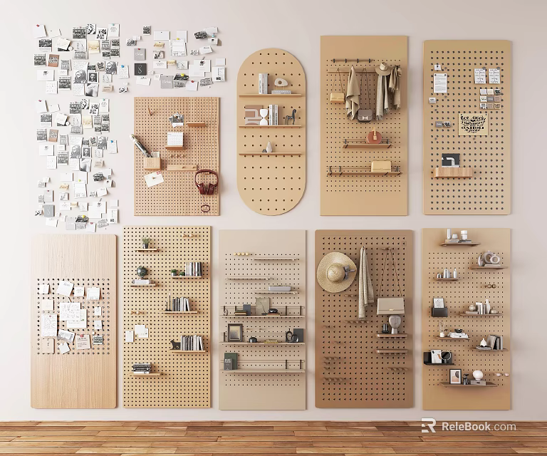 Various Stylish Wall Hangings Displayed On Wooden Pegboards For Home Decor 3d model 