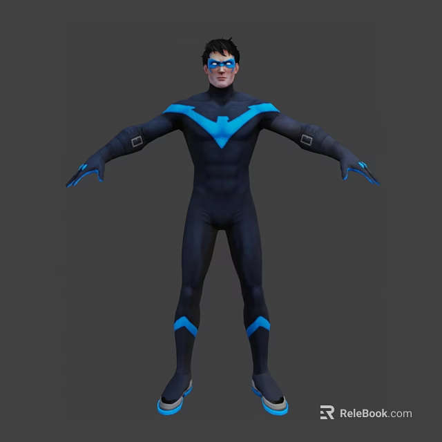 Game and Movie Character in Black Bodysuit With Blue Accents and V Shaped Chest Emblem 3d model 