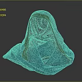 Blue Hooded Cloak With Brown Trim And Textured Folded Fabric Design