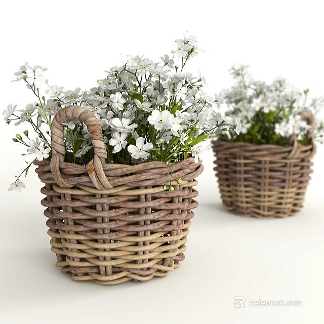 Handwoven Wicker Basket Vases Filled With Fresh White Flowers For Home Decor 3d model 
