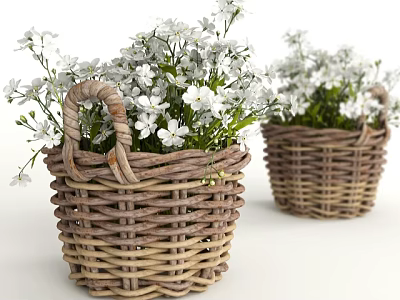 Handwoven Wicker Basket Vases Filled With Fresh White Flowers For Home Decor 3d model