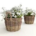 Handwoven Wicker Basket Vases Filled With Fresh White Flowers For Home Decor
