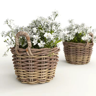 Handwoven Wicker Basket Vases Filled With Fresh White Flowers For Home Decor 3d model