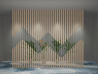 Modern Living Room Interior With Wooden Slat Partition Green Plants And Warm Lighting 3d model