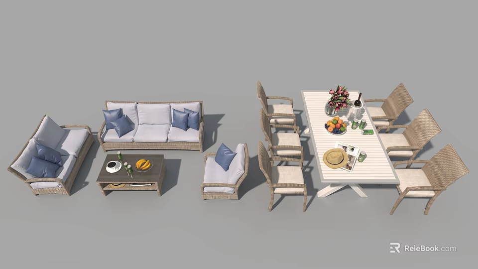 Outdoor Sofa Set With Wicker Dining Chairs Coffee Table And Decorative Cushions 3d model