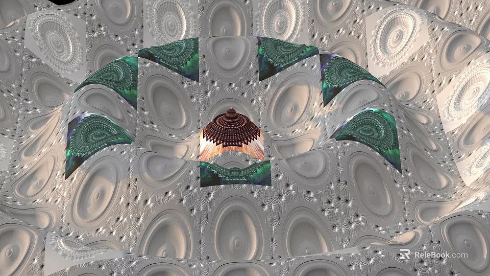Sculptural Art Installation With Spiral Design Green Accents And Intricate Circular Patterns 3d model 