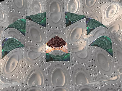 Sculptural Art Installation With Spiral Design Green Accents And Intricate Circular Patterns 3d model