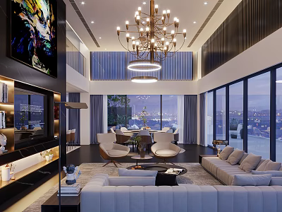 Modern Luxury Open Plan Living And Dining Room With Elegant Chandelier And Panoramic City Views 3d model