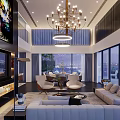 Modern Luxury Open Plan Living And Dining Room With Elegant Chandelier And Panoramic City Views