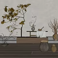 Natural Wooden Coffee Table With Potted Plants And Ceramic Vases