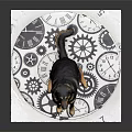 Dog Sitting Comfortably On A Circular Mat With Gears And Clocks Patterns