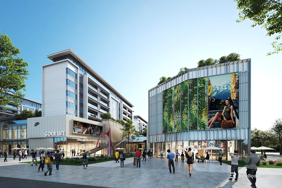 Modern Commercial Street Featuring Tall Buildings Green Plants Large Screen Ads And Pedestrians 3d model 