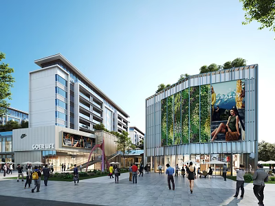 Modern Commercial Street Featuring Tall Buildings Green Plants Large Screen Ads And Pedestrians 3d model