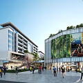 Modern Commercial Street Featuring Tall Buildings Green Plants Large Screen Ads And Pedestrians