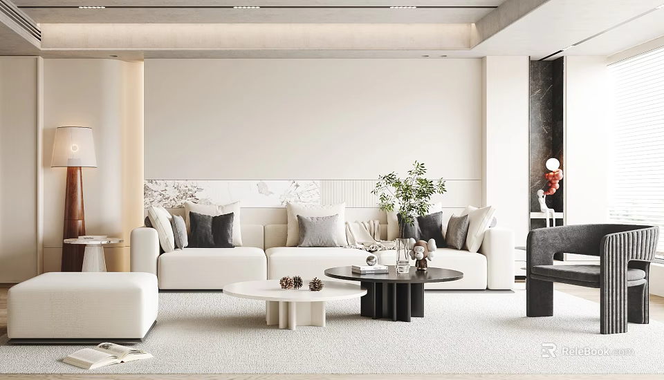 Modern Living Room Interior Design With White Sofa Pillows Coffee Table And Green Plant 3d model 