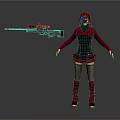 Woman in red hood white mask gray top with sniper rifle and red studded boots