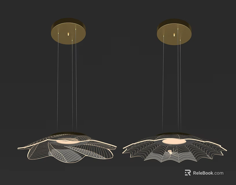 Two Modern Leaf Shaped Chandeliers With Gold Ceiling Base And White Shades 3d model