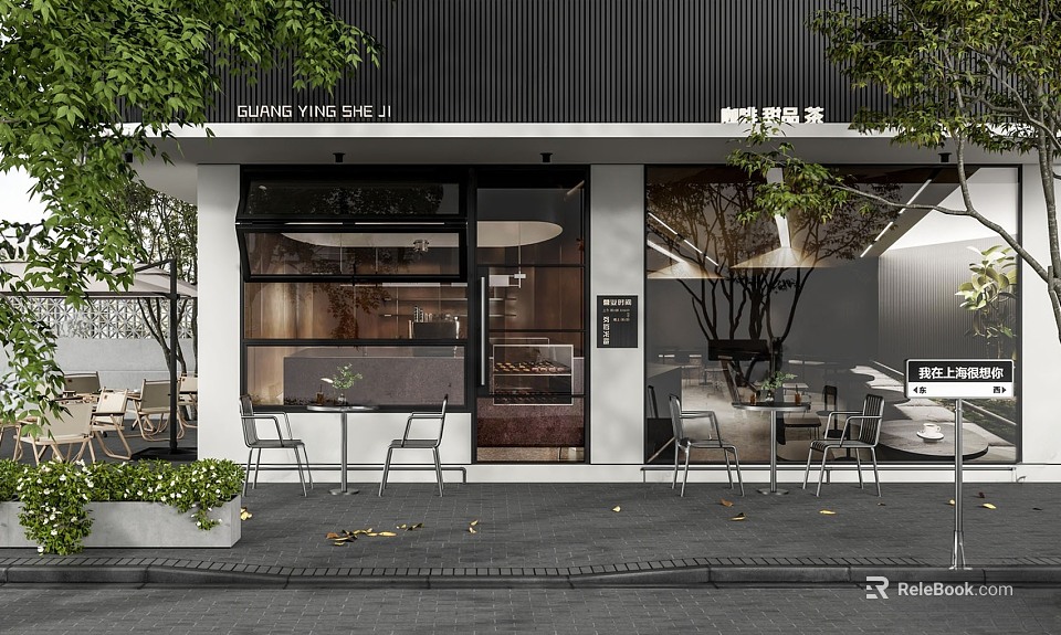 Modern Coffee Shop Storefront With Large Glass Windows Green Plants Outdoor Seating And Interior View 3d model 