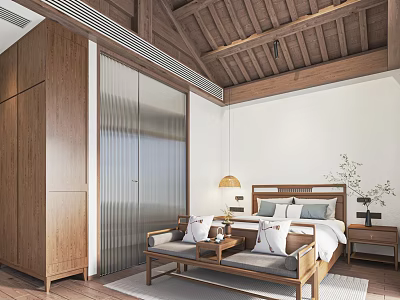 Traditional Hotel Guest Room With Wooden Ceiling Bed Nightstand And Armchair Design 3d model