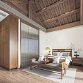Traditional Hotel Guest Room With Wooden Ceiling Bed Nightstand And Armchair Design